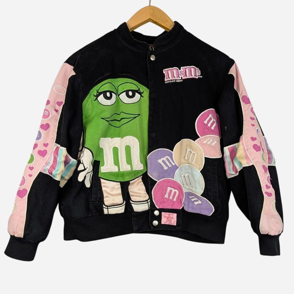 M&M's Y2K Little Sweetie Candy Bomber Varsity Jacket Black Pink Large